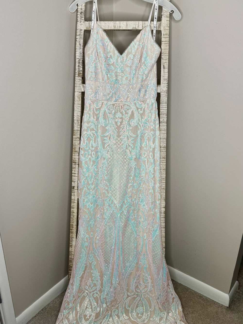 Sleeveless V-Neck Sequin Prom Dress in Iridescent Light Blue and Pink